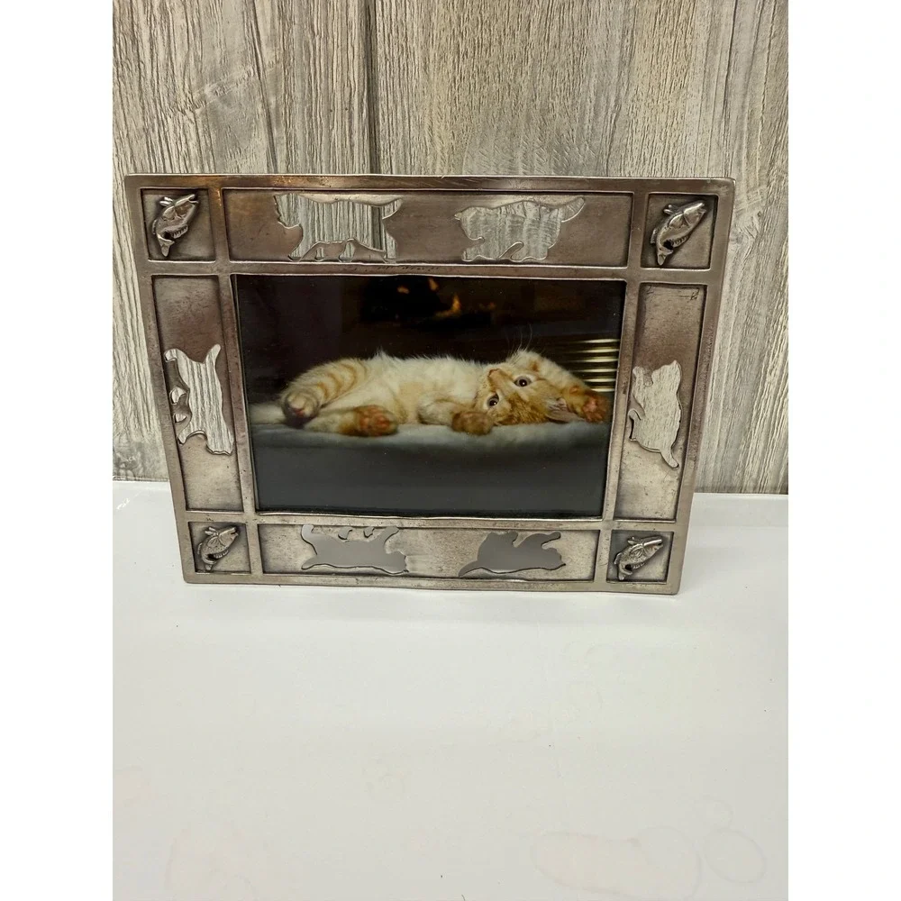 Vintage Pewter Cat and Fish Picture Frame Rustic Metal Pet Photo 5x7 4x6